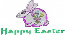 Playful rabbit surrounded by colorful Easter eggs and a bright bow, celebrating springtime with 'Happy Easter' text.