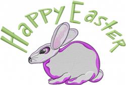 Cute rabbit with light gray fur and pink accents, next to vibrant 'Happy Easter' text in green, perfect for festive decor.