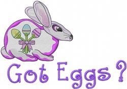 Playful pink rabbit with pastel Easter eggs and purple 'Got Eggs?' text, perfect for festive spring decor.