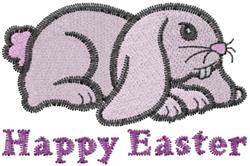Cartoon lavender rabbit with a pink tail and 'Happy Easter' text in playful purple. Perfect for festive celebrations.
