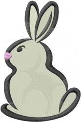 Playful rabbit in grey with a pink nose, outlined in black, celebrating spring in a cartoon style.