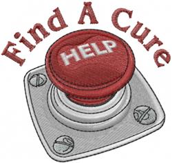 Playful red button on metal base featuring 'HELP' in white and 'Find A Cure' text above, cartoon style.