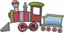 Playful red train with green accents and a blue car, styled for kids, perfect for vibrant embroidery projects.