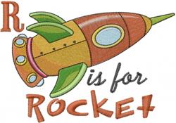 Whimsical rocket in vibrant orange and green with bold letters spelling 'R is for ROCKET', perfect for educational themes.