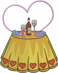 Romantic table setting with a heart-adorned yellow tablecloth, a wine bottle, glasses, and playful hearts for Valentine's Day