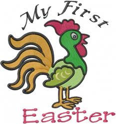 Cartoonish rooster in vibrant colors for Easter, featuring 'My First' text above and 'Easter' below.
