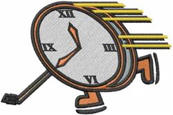 Playful running clock with a white face, orange accents, and speed lines suggesting motion. Perfect for kitchen towels.