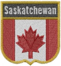 Saskatchewan shield patch featuring a red background, white stripe, and a maple leaf in bold colors.