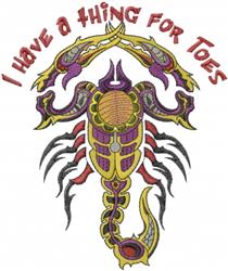 Decorative scorpion design with bold outlines in purple, yellow, and red, featuring playful text above. Ideal for vibrant dec