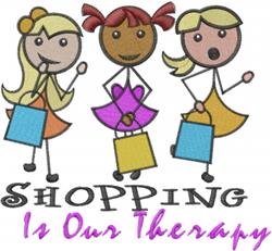 Three stylized cartoon female figures with vibrant colors happily holding shopping bags, portraying a playful theme.