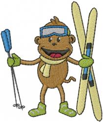 A playful cartoon monkey with brown fur, blue goggles, and green gloves, holding skis and poles, perfect for winter.
