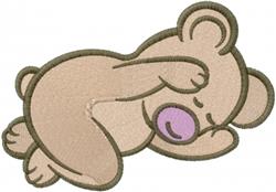 Cute sleeping bear in a curled position with soft beige fur and a light pink nose, perfect for cozy nursery decor.