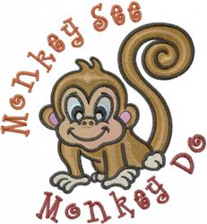 Playful cartoon monkey with a curly tail and cheerful expression, featuring vibrant text 'Monkey See Monkey Do'.