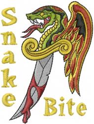 Vibrant snake intertwined with a dagger, featuring a stylized head and bold red details against yellow 'Snake Bite' text.