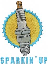 Fun spark plug cartoon in silver against a yellow background, blue outline, with 'SPARKIN' UP' text.