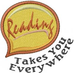 Playful speech bubble with soft yellow background, featuring 'Reading' in flowing red font and bold black text below.