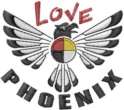 Stylized eagle with extended black and white wings, vibrant red and yellow text 'LOVE' and 'PHOENIX' in a circular emblem.