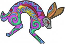 Vibrant stylized rabbit in purples, greens, and yellows with geometric shapes and bold lines, perfect for a playful decor.