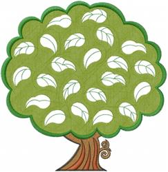 Stylized tree with a thick brown trunk, cheerful green foliage, and unique white leaves. Playful design.