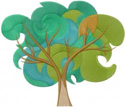 Stylized tree in a playful design with swirling green and blue leaves, light brown trunk and branches.