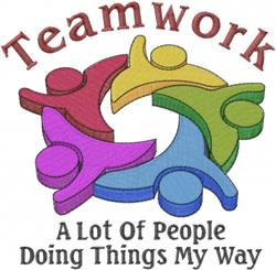 Teamwork design featuring the word 'Teamwork' in bold red, surrounded by colorful abstract figures in a circular layout.