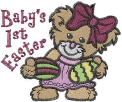 Cute teddy bear in a pink dress with a large bow, holding colorful Easter eggs for Baby's 1st Easter.