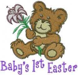 Cartoonish teddy bear with soft brown fur holds a lily flower, featuring purple text saying 'Baby's 1st Easter'.
