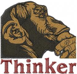 Realistic monkey head in profile with a thoughtful expression in brown and gray. Bold red 'Thinker' text below.