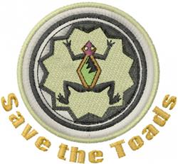 Playful toad illustration with a geometric outline, vibrant colors, and 'Save the Toads' text below.