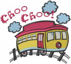 Playful cartoon train in bright yellow and red, curving along a track with cheerful smoke clouds and 'CHOO CHOO!' text.