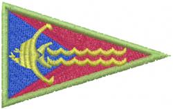 Vibrant triangular flag with a colorful crown emblem and wavy lines, showcasing bold stitching details.