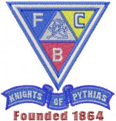 Triangular emblem with blue, yellow, and white colors featuring a lion and crossed swords, ideal for machine embroidery.