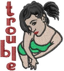 Cartoonish female figure in green swimwear with black ponytail, beside bold red 'trouble' text, showcasing playful vibrancy.
