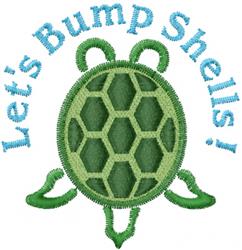 Playful green turtle with hexagonal shell pattern and blue text 'Let's Bump Shells!' in a cheerful, cartoonish style.