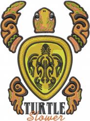 Colorful turtle with black tribal patterns on its shell, set against a vibrant yellow shield. Playful lettering reads 'TURTLE