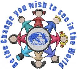 Colorful people figures in a circular arrangement surrounding a globe and bold blue text 'Be the Change you wish to see in th