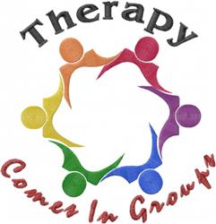 Colorful human figures in a playful circular design surround bold text 'Therapy' and 'Comes In Groups'.