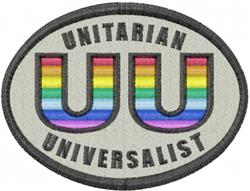 Patch featuring 'UU' in vibrant rainbow colors with bold outlines and text 'UNITARIAN' and 'UNIVERSALIST'.