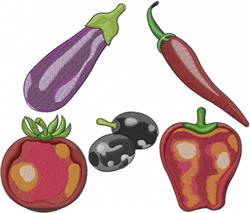 Colorful embroidered vegetables featuring a purple eggplant, red chili pepper, and vibrant red bell pepper.