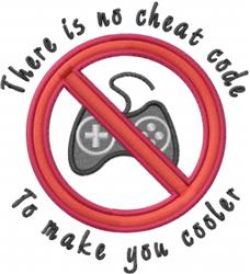 Playful video game controller with a red prohibition symbol, featuring humorous text for machine embroidery.