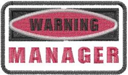 Warning patch featuring bold black 'WARNING' text on a red oval against a black background, contemporary design.