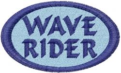 Nautical text patch 'WAVE RIDER' in bold dark blue on an oval light blue background, perfect for ocean themes.