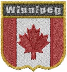Bold shield patch with a red and white maple leaf design, featuring 'Winnipeg' text for casual wear.