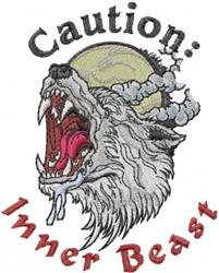 Realistic wolf's head with bared teeth and bold red accents, against a moon background, featuring 'Caution: Inner Beast' text