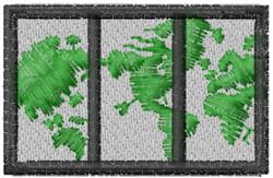 Modern world map featuring green continents on a gray background with black borders, ideal for machine embroidery.