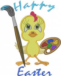 Cartoonish yellow chick with large eyes, holding a paintbrush and colorful palette for Easter.