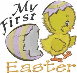 Playful yellow chick emerging from a colorful cracked egg with purple stripes, perfect for Easter celebrations.