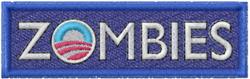 Text patch reading 'ZOMBIES' in light colors on a deep blue background with a circular red, white, and blue design.
