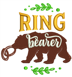 Playful bear holding a ring with bold golden 'RING' and elegant white 'bearer', surrounded by lush green leaves.