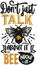 Playful bee in vibrant colors with a speech bubble saying 'BEE about it', surrounded by cheerful text.